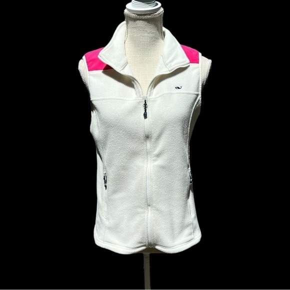 🌻Vineyard Vines White w Pink Accent Full-Zip Sweater Fleece Vest Size XS - Picture 5 of 13
